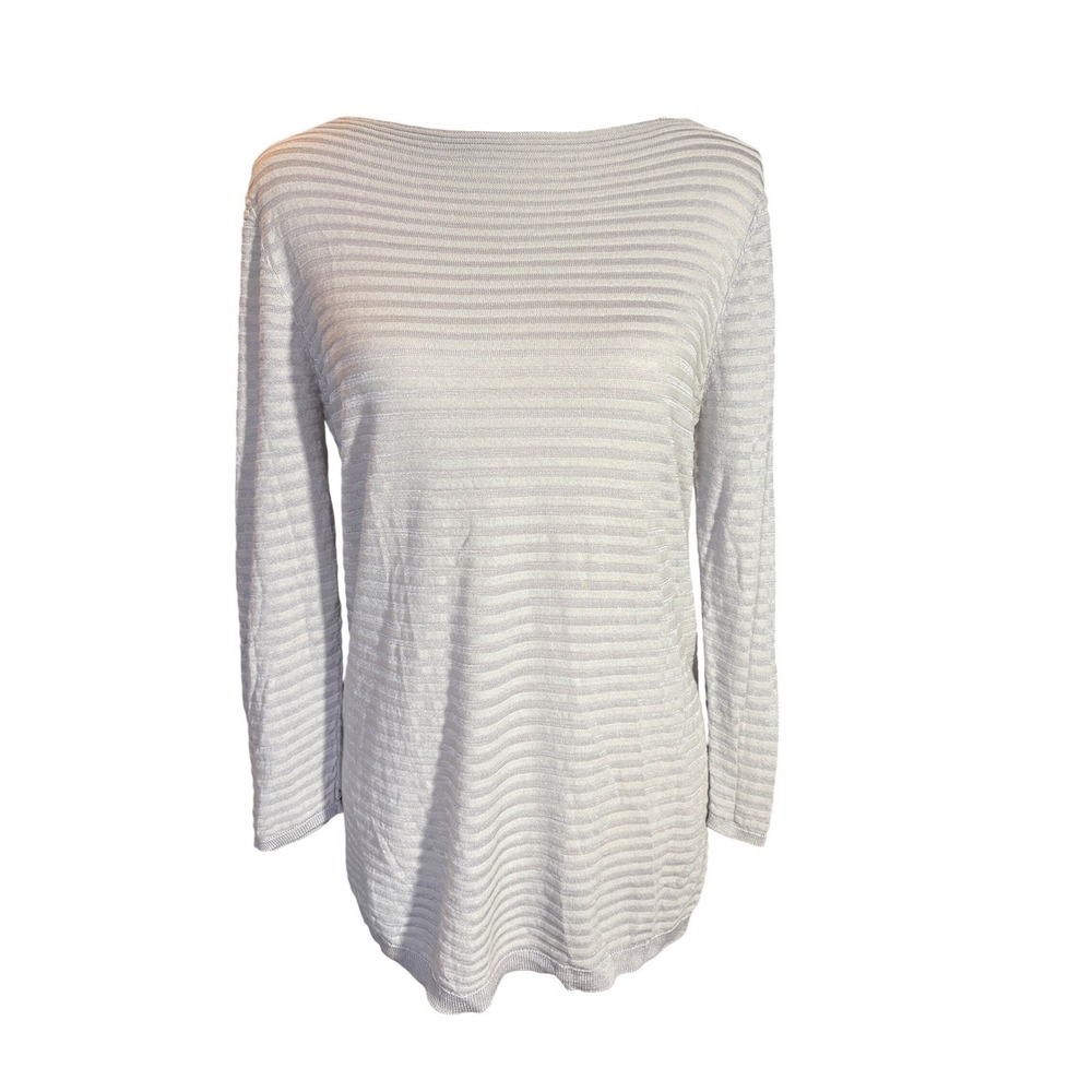 Loft Gray‎ Metallic Ribbed Boat Neck Long Sleeve Knit Top Minimalist Chic Size L